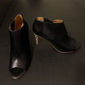 Coach Adrianna peep-toe bootie. 7.5 inch snakeskin heel.